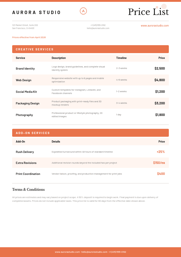 Creative Services Price List template in Orshot