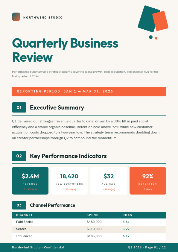 Cream Teal Coral Quarterly template in Orshot