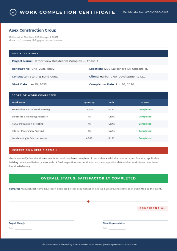 Professional Work Completion template in Orshot