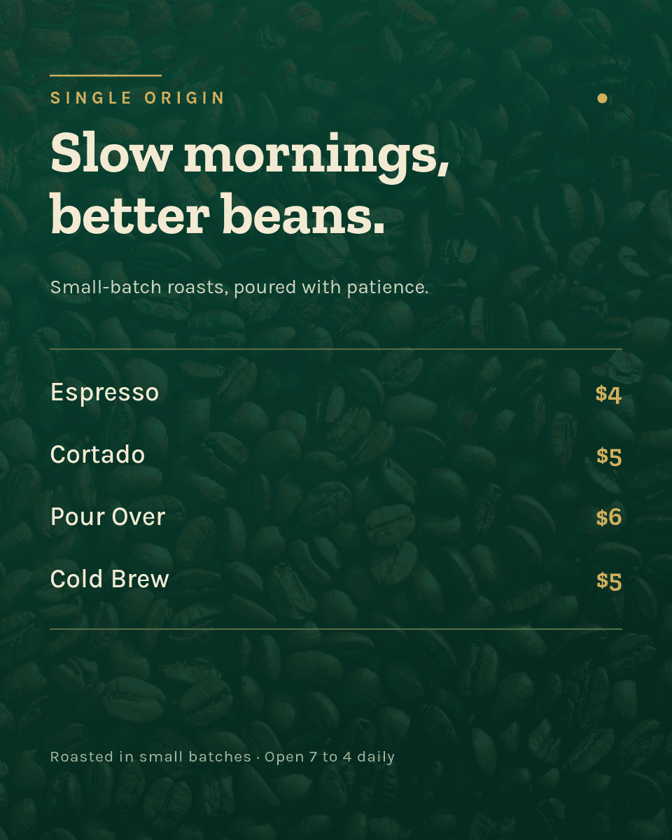 Specialty Coffee Menu Card template in Orshot