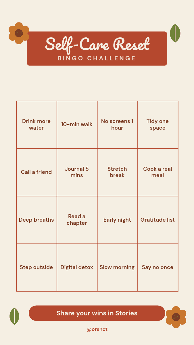 Self-Care Bingo Story template in Orshot
