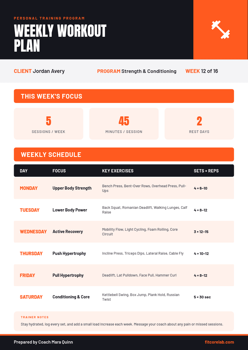 Bold Orange Weekly Workout template in Orshot
