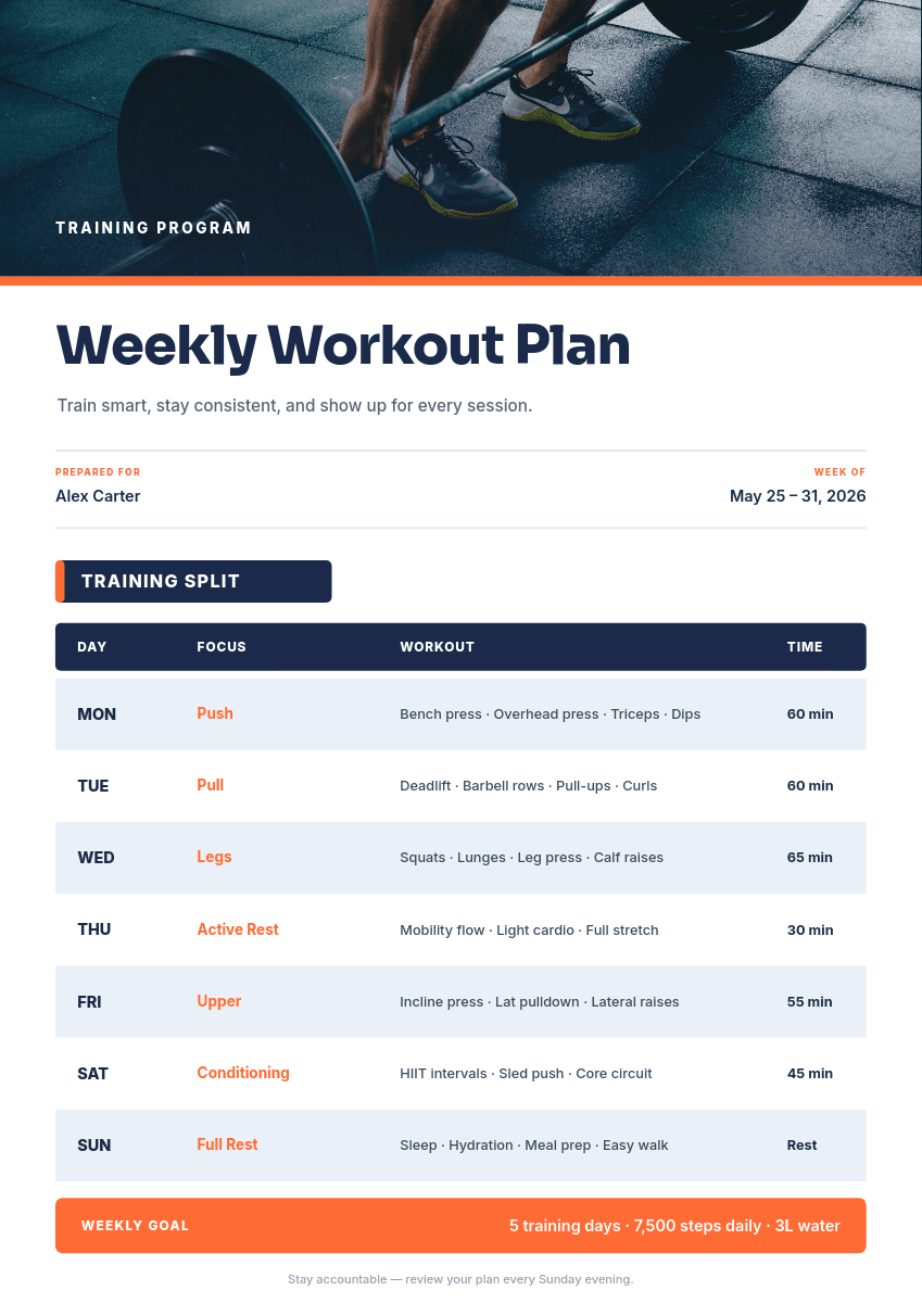 Navy & Orange Weekly Workout template in Orshot
