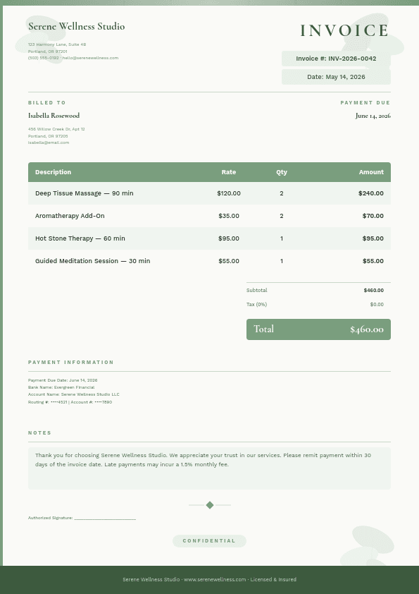 Botanical Wellness Invoice template in Orshot