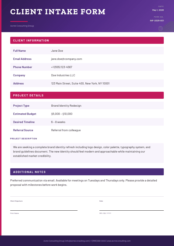 Professional Client Intake template in Orshot