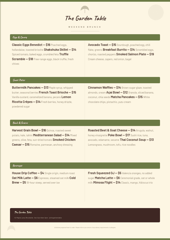 Brunch Café Menu with template in Orshot