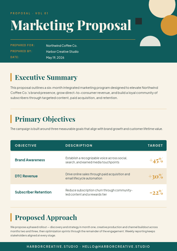 Teal and Ochre Marketing template in Orshot