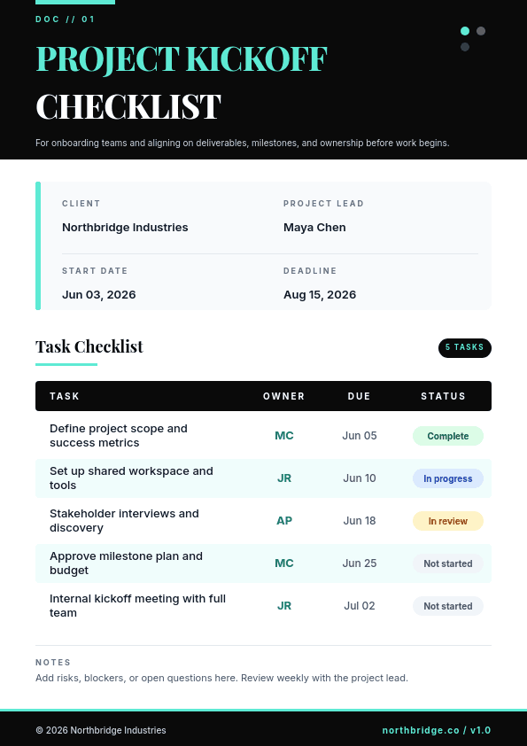 Black and Mint Project template in Orshot