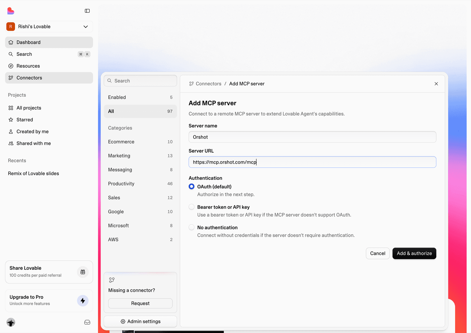 Lovable's Add MCP server dialog with the Orshot server URL and OAuth selected