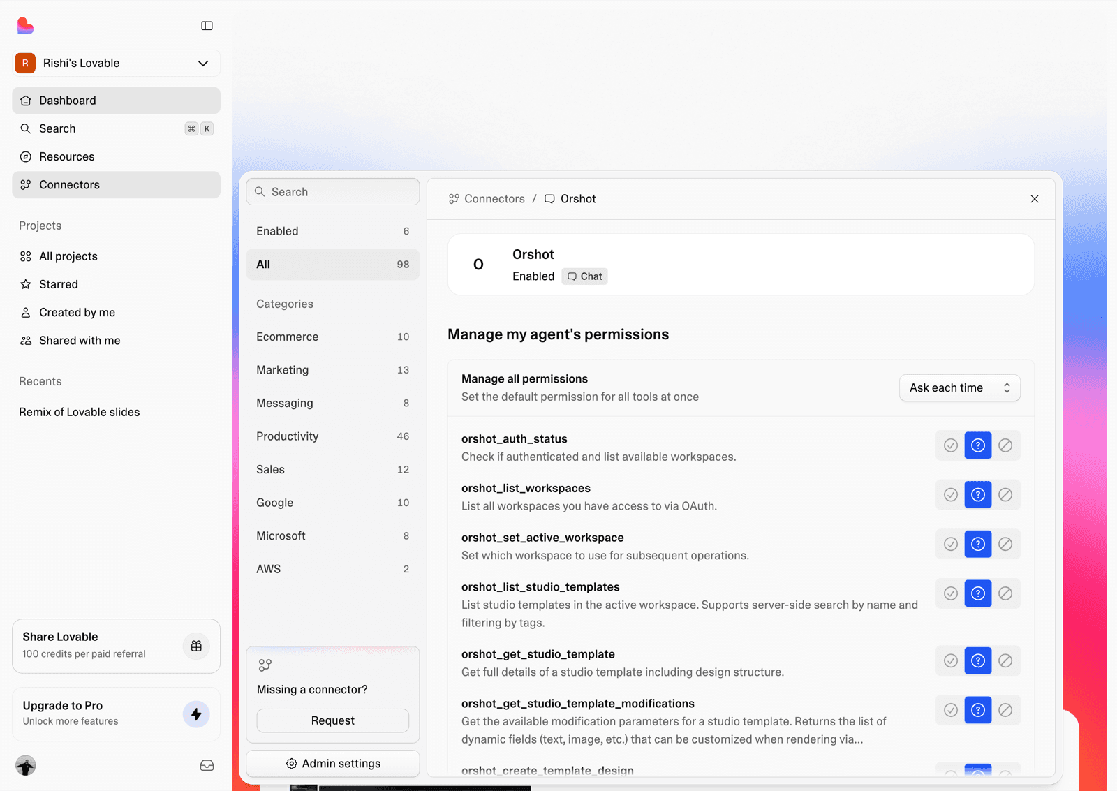 Orshot connected in Lovable, showing its tools with per-tool permissions