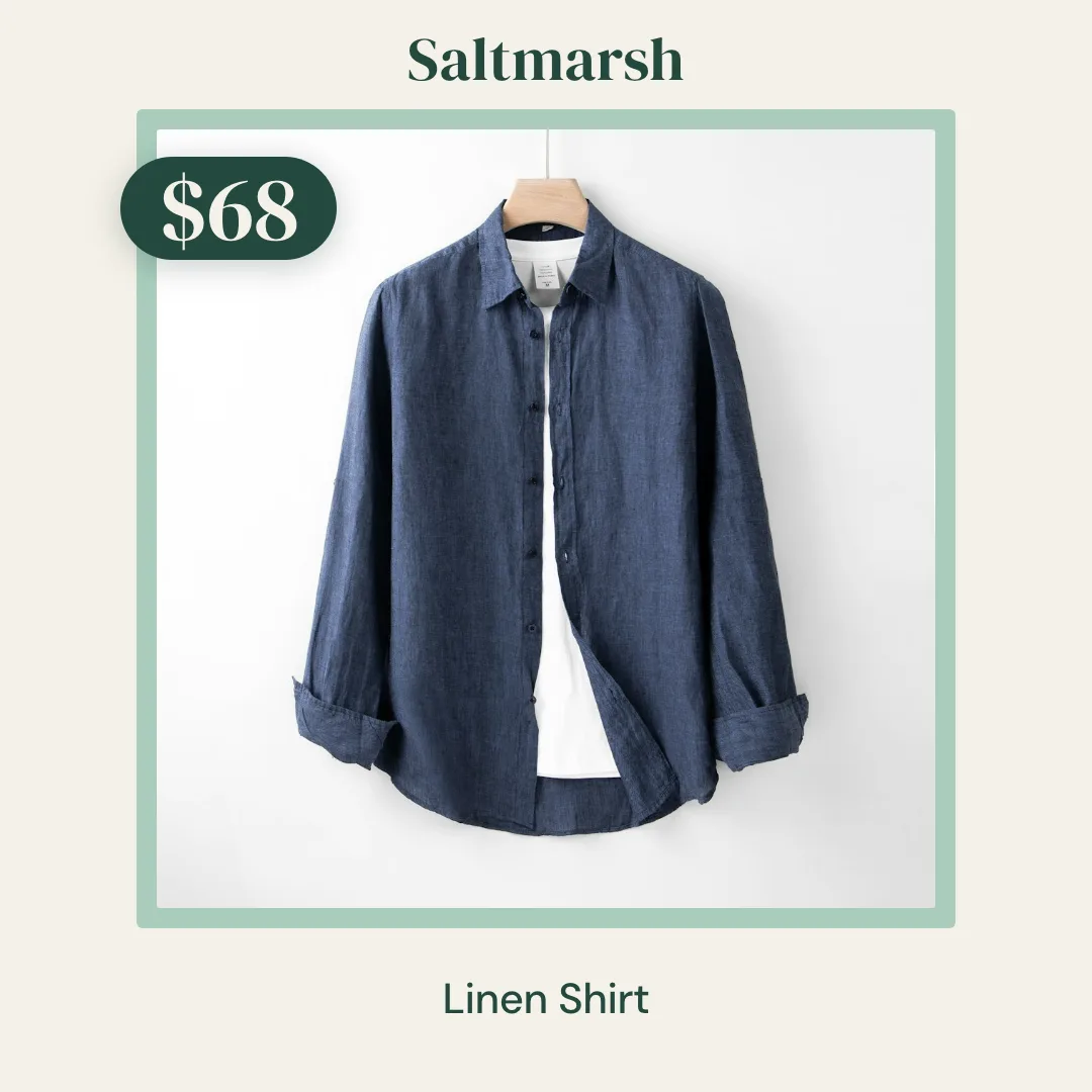 Catalog frame on a linen shirt with the price pill