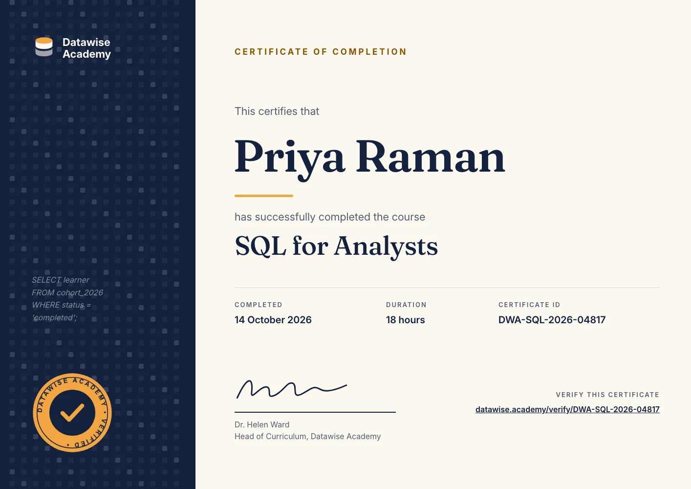 Course completion certificate with the learner's name, hours, certificate ID and a verify link