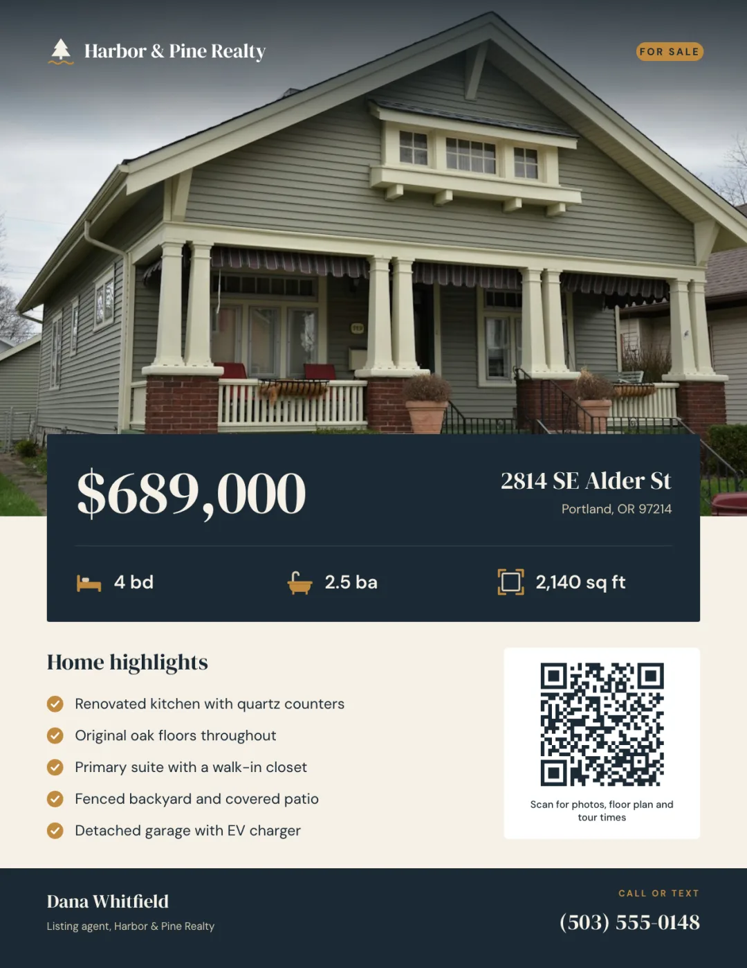Letter size property flyer with the price, home highlights, agent details and a QR code