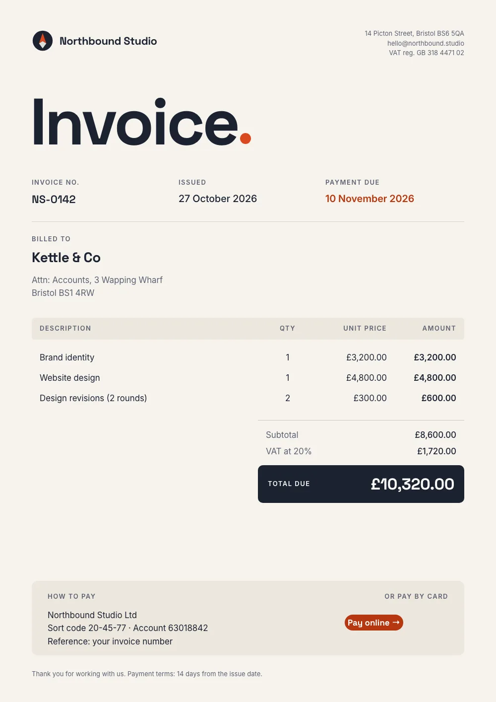 Invoice for a design studio with line items, VAT and a pay online link