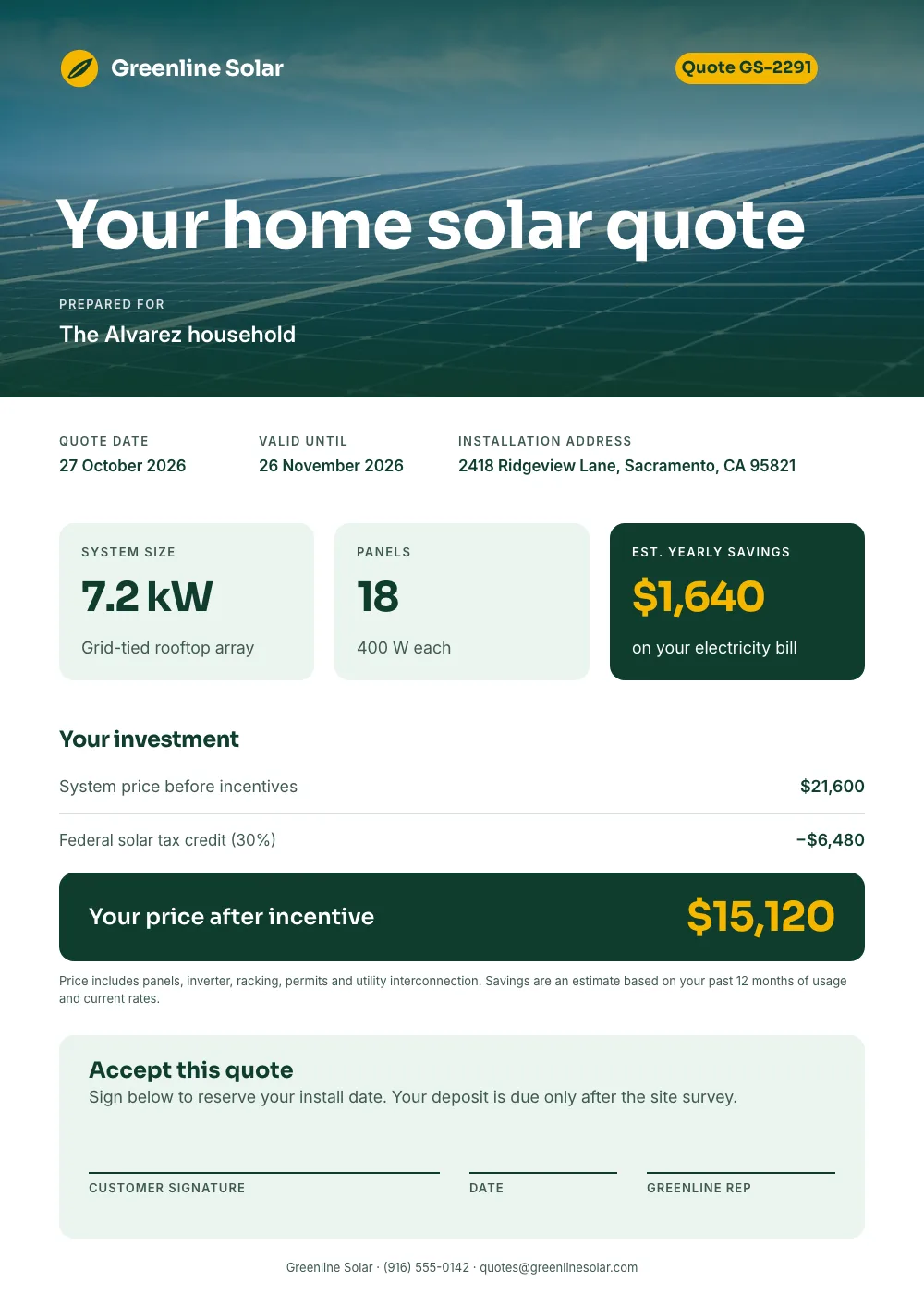 Solar install quote with system size, savings, price after the tax credit and a sign-off box