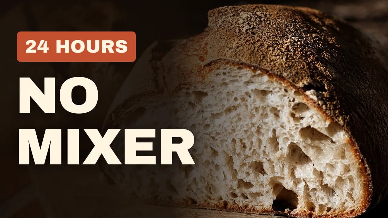 Full-bleed sourdough loaf with a 24 hours tag and NO MIXER