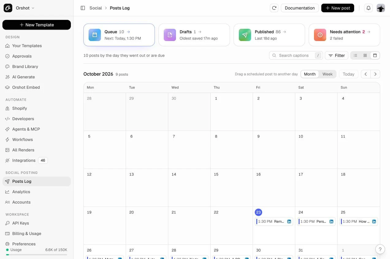 Posts log with drafts and scheduled posts