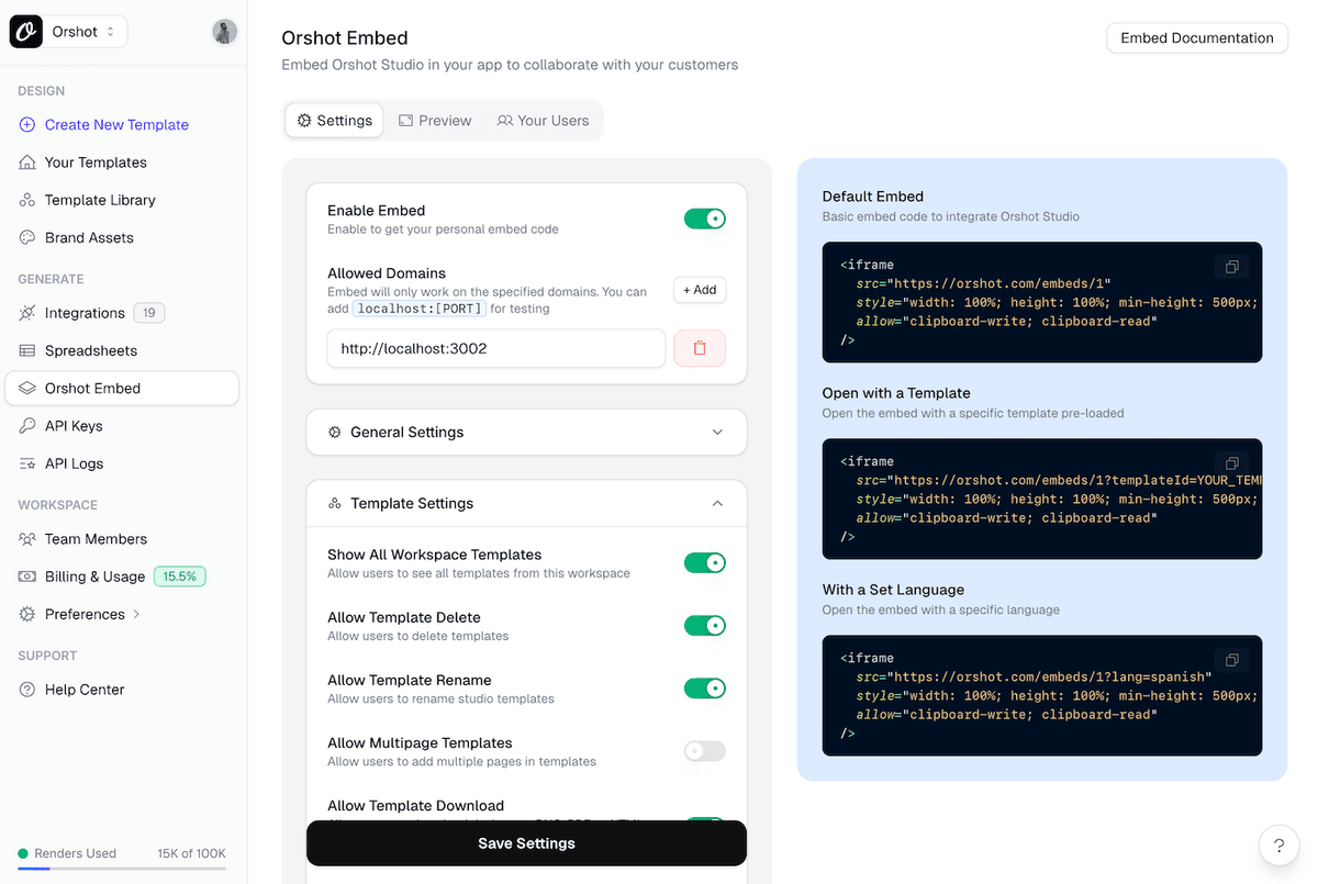 Orshot Embed events and controls