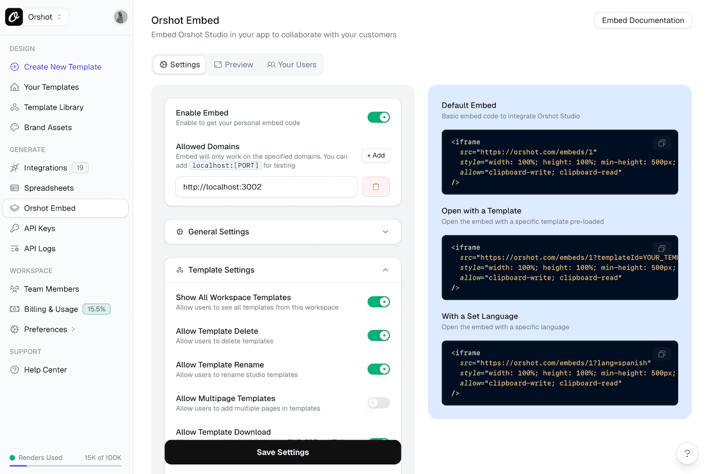 Orshot Embed events and controls