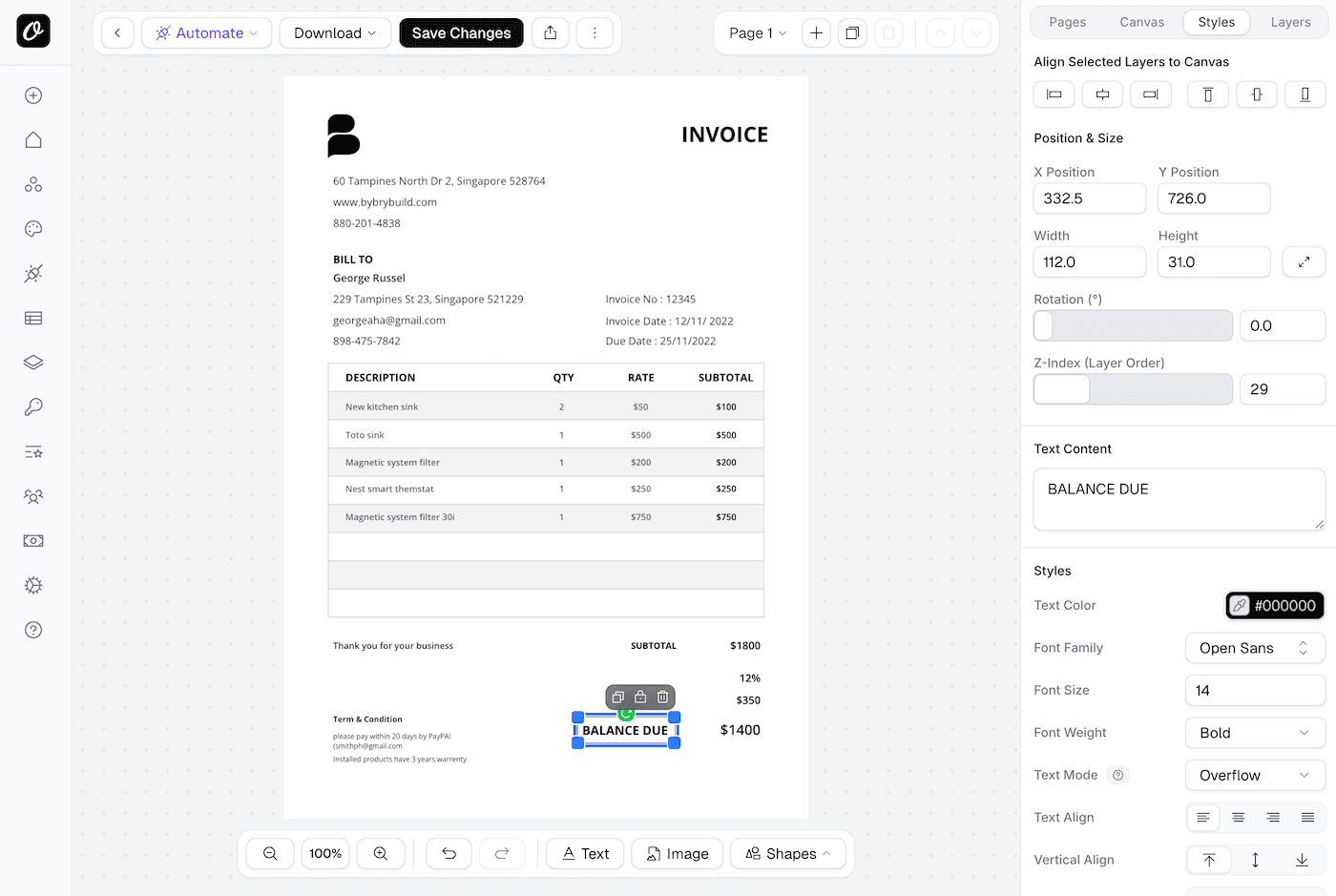 Invoice template in Orshot Studio