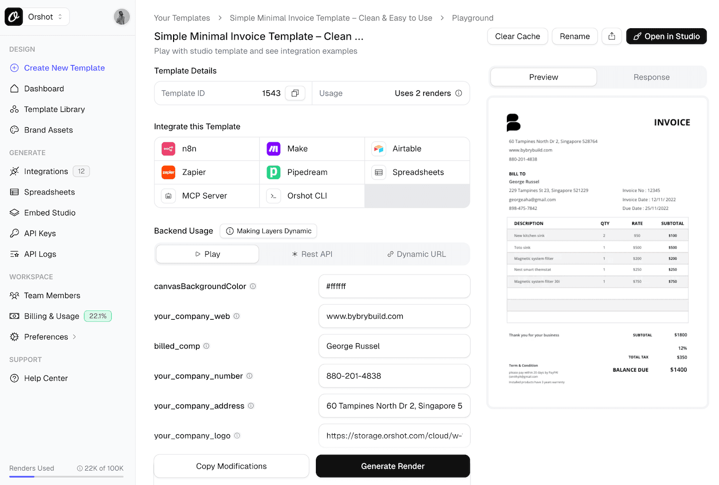 PDF template playground with parameters