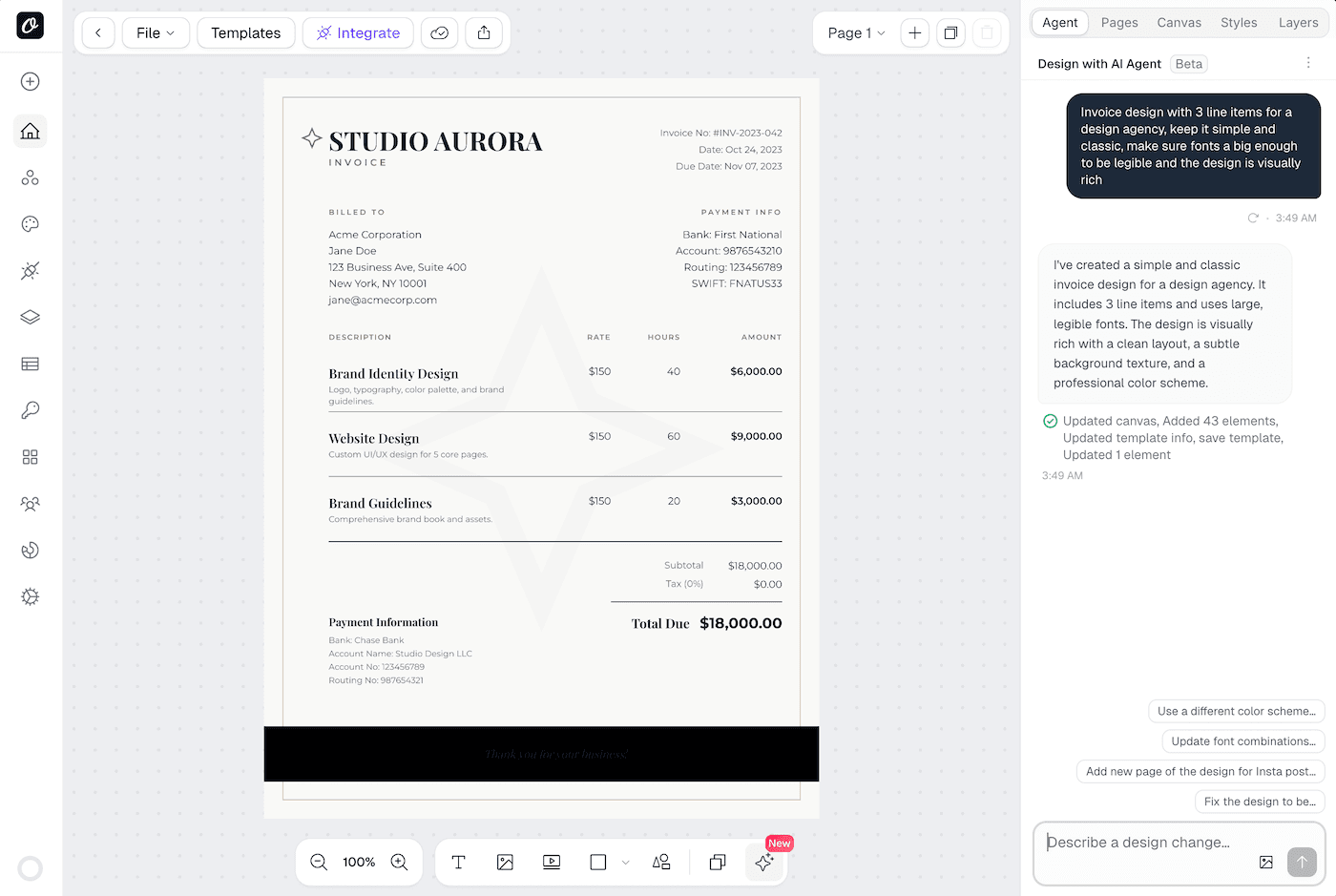 AI Design Agent building a template on canvas