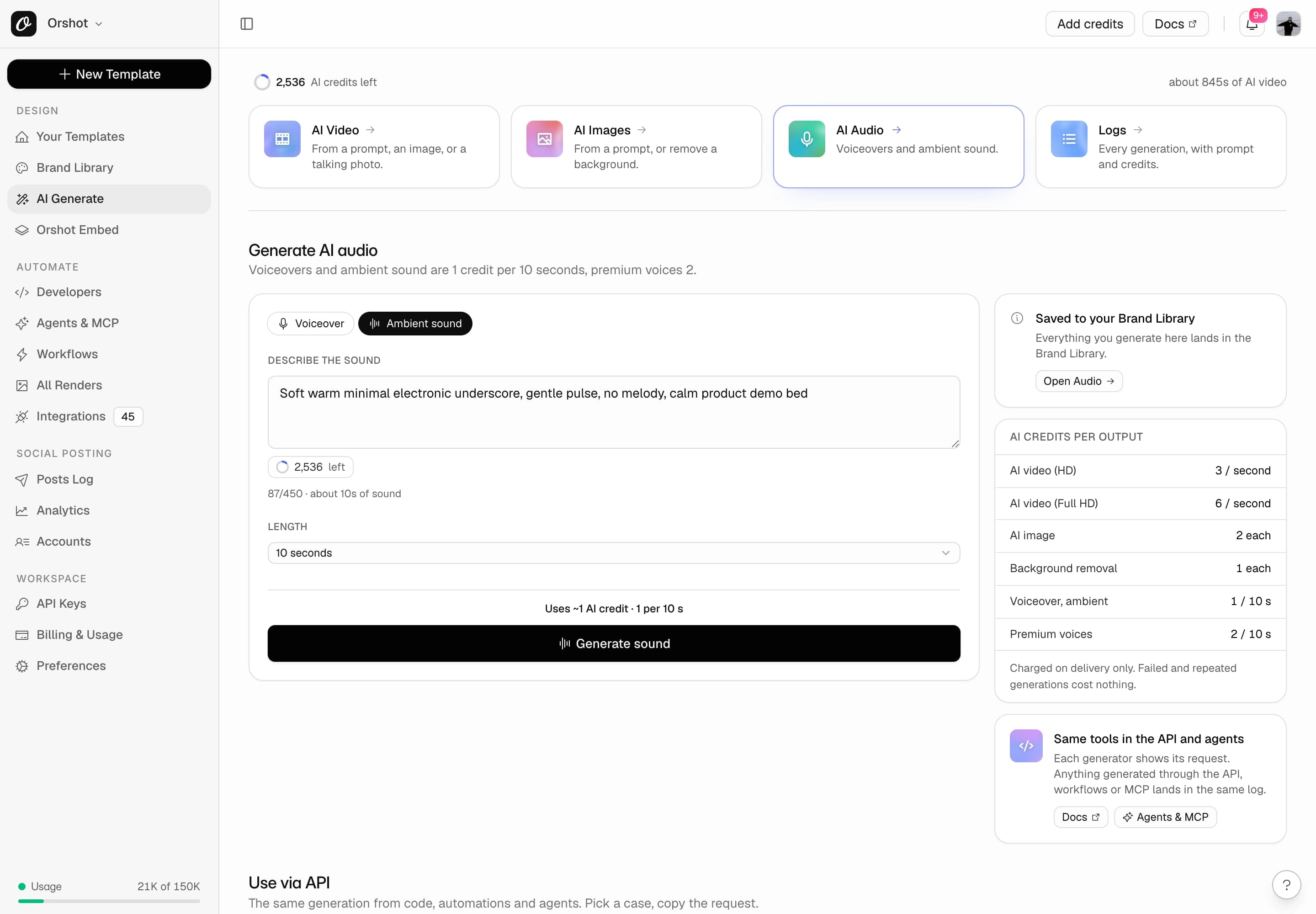 The AI audio generator in ambient mode with a sound description and a length selector