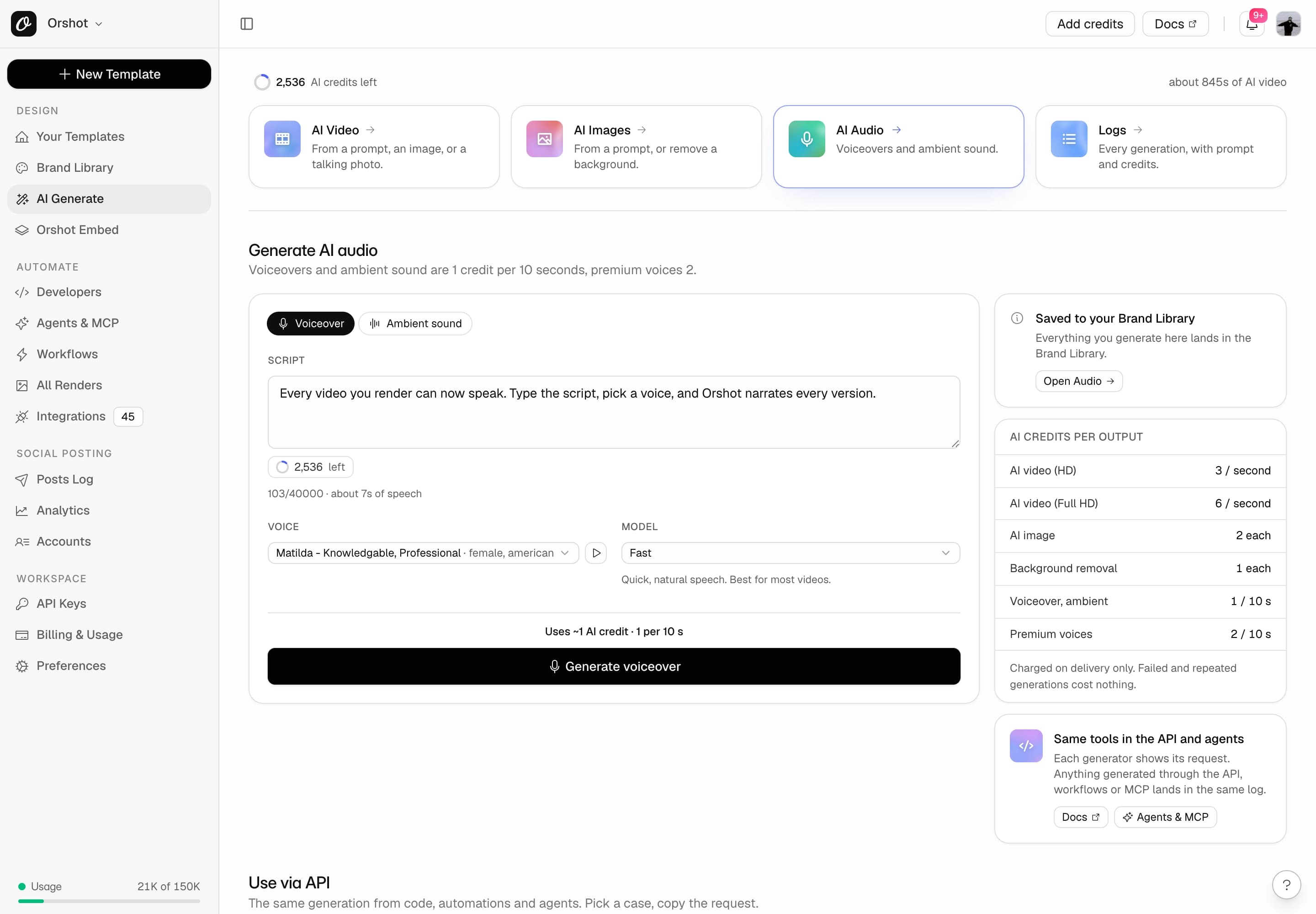 The AI Generate page in Orshot with a voiceover script, a voice picker and the speech model selector