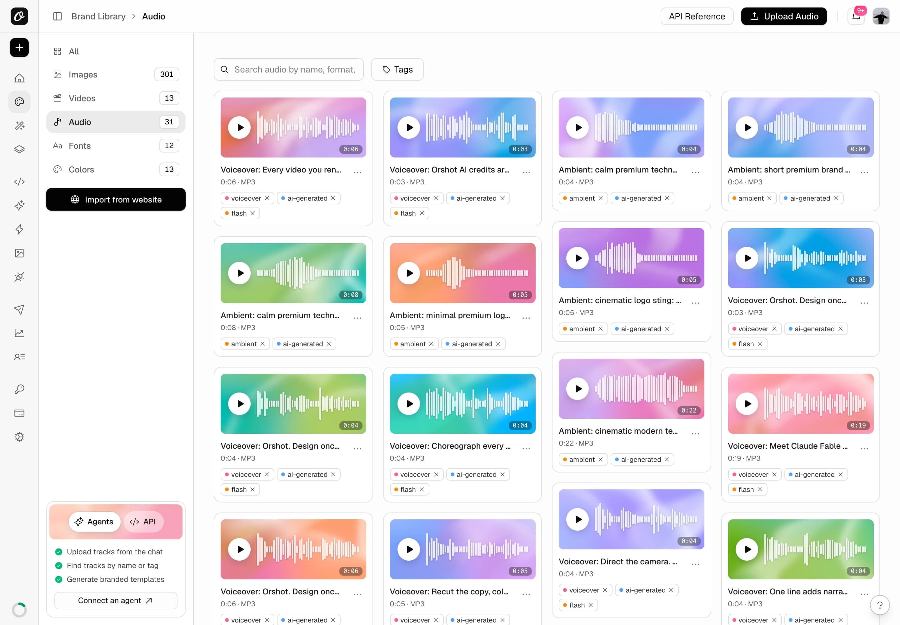 The Brand Library audio page with generated voiceovers and ambient tracks, each tagged ai-generated