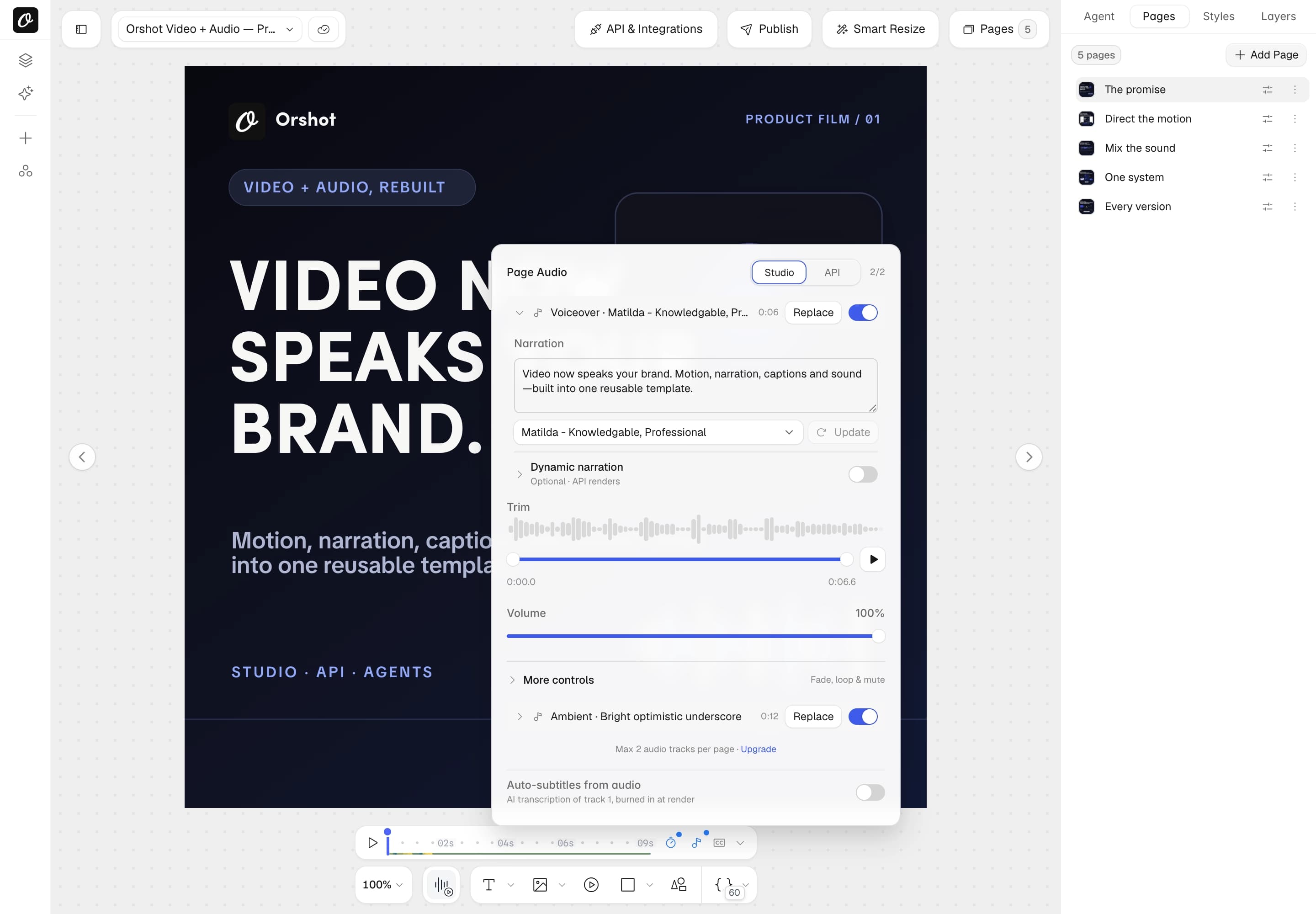The Page Audio popover in Orshot Studio with a generated voiceover track expanded, showing the narration text, dynamic narration toggle and trim controls