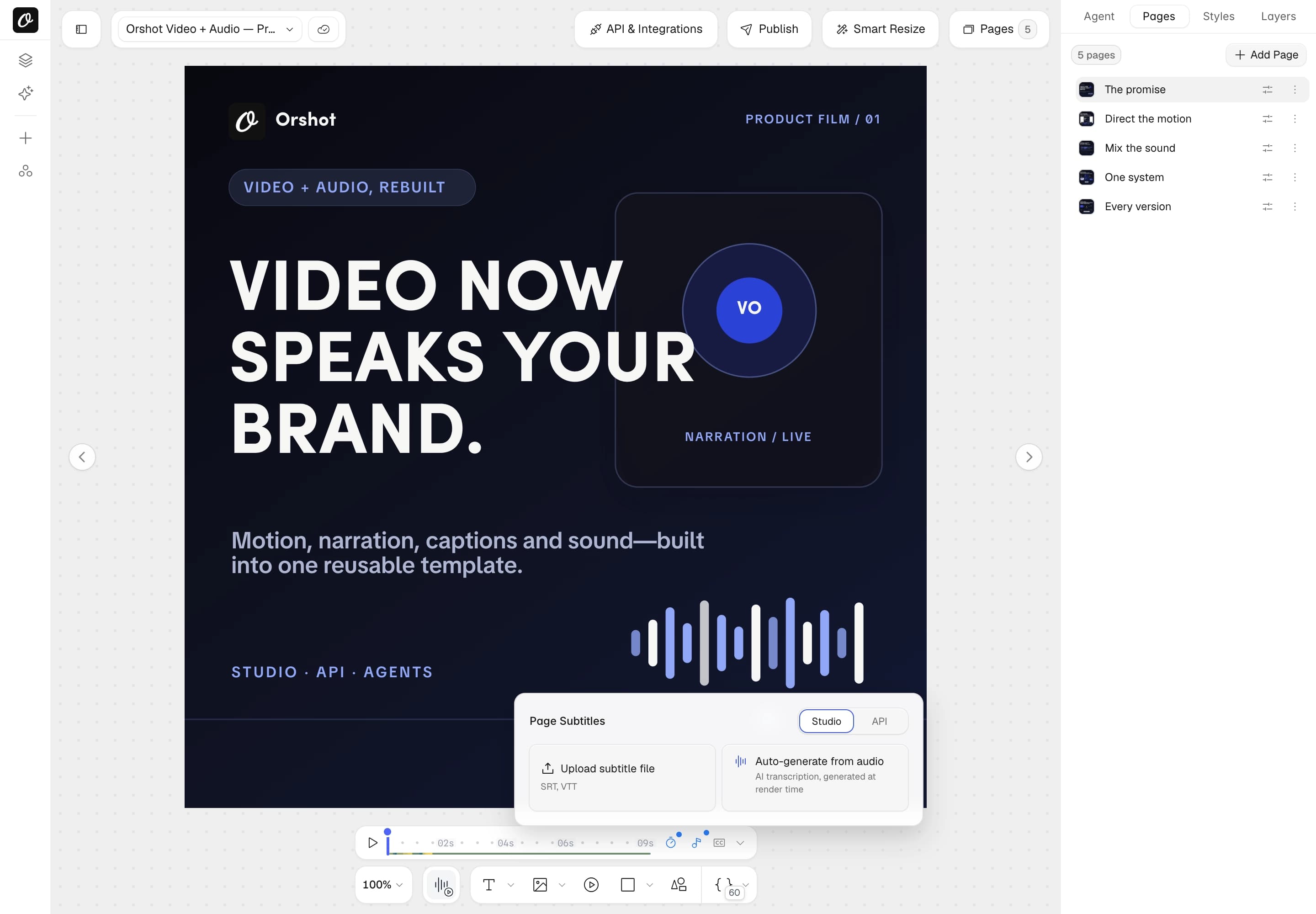The Page Subtitles popover in Orshot Studio with caption source, mode, position and style controls
