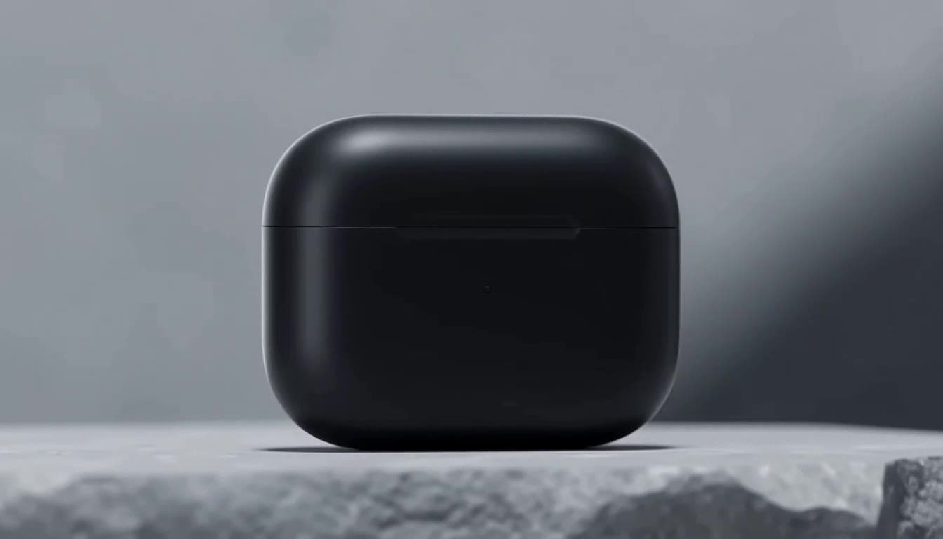 AI generated clip of a matte black earbuds case on grey stone