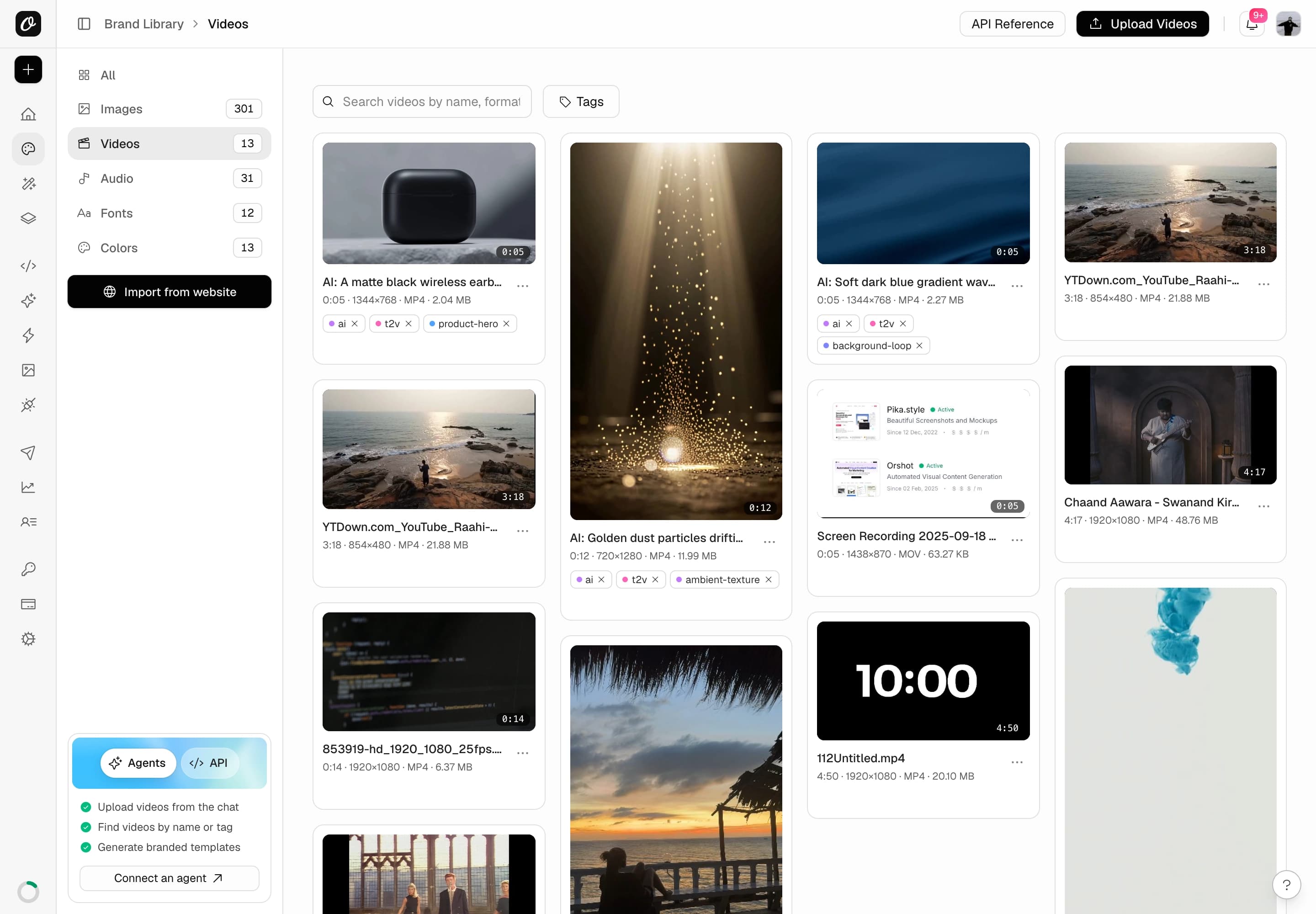 The Brand Library videos page with AI generated clips tagged ai, t2v and their clip type