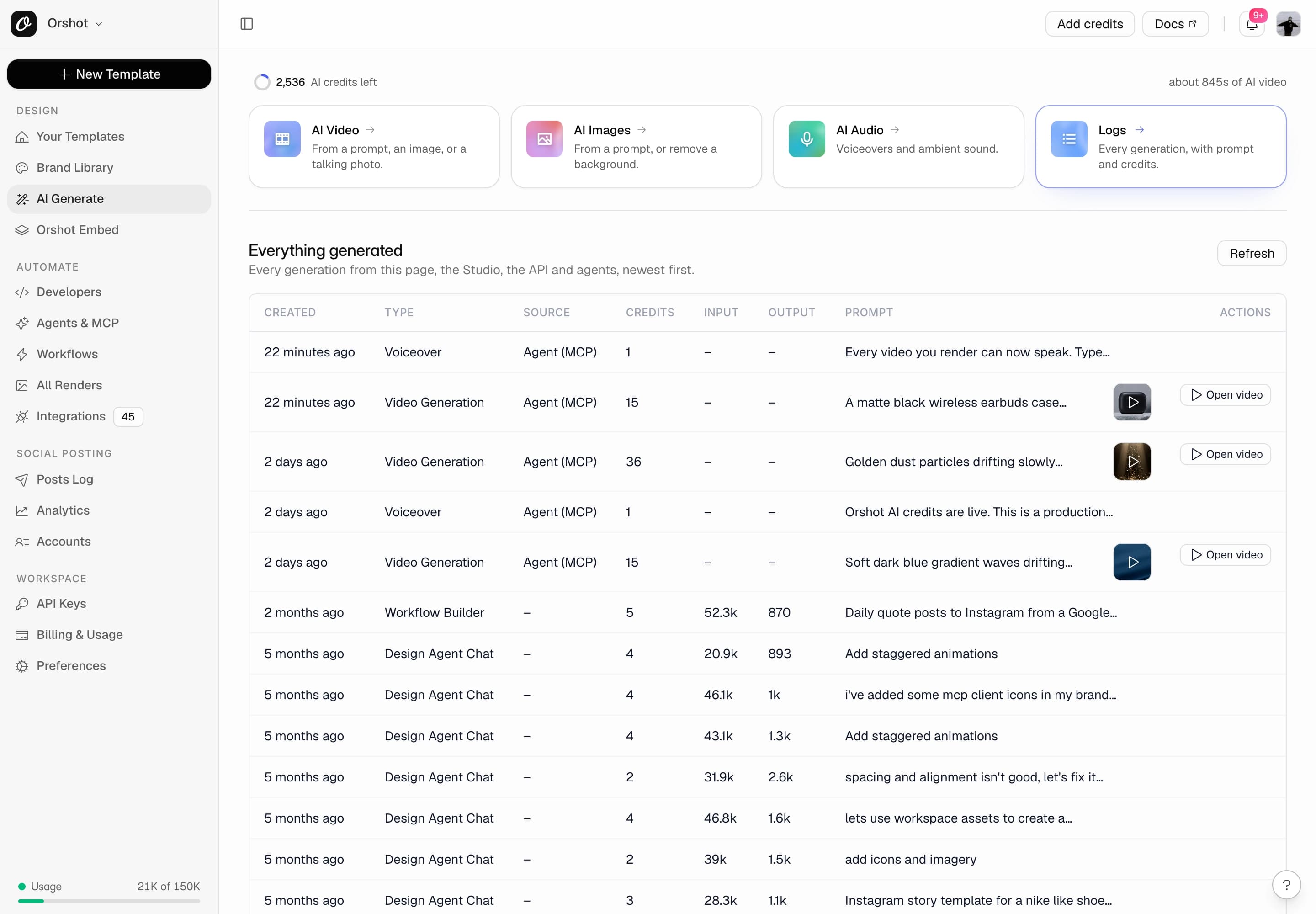 AI usage logs listing video generations and voiceovers with their source, credits and prompt