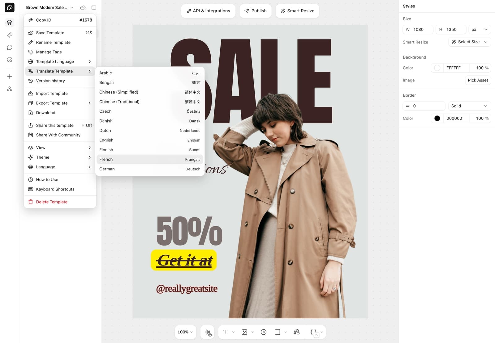Translate Template in the Orshot Studio template menu with the language list open