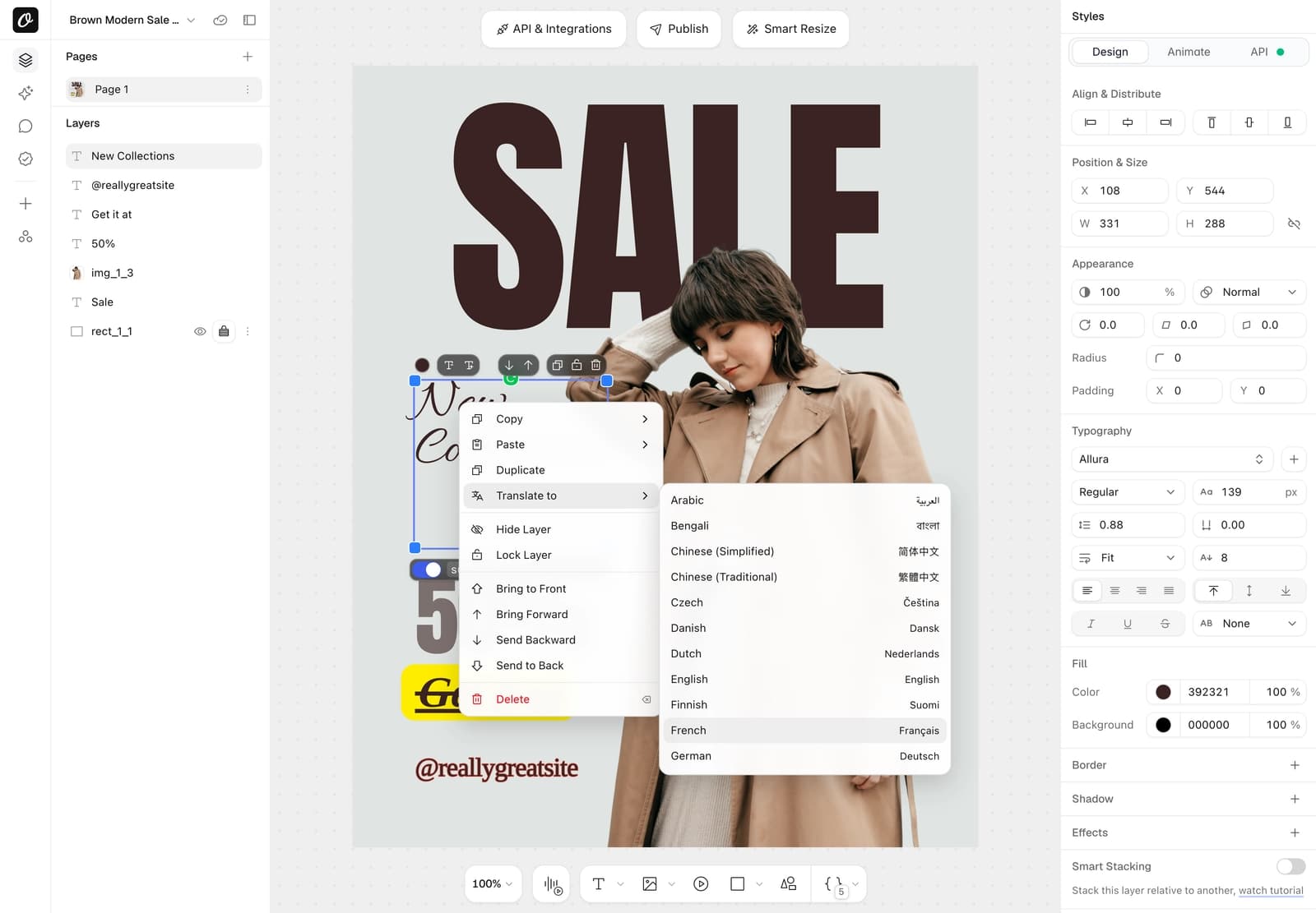 The Translate to menu on selected text layers in Orshot Studio