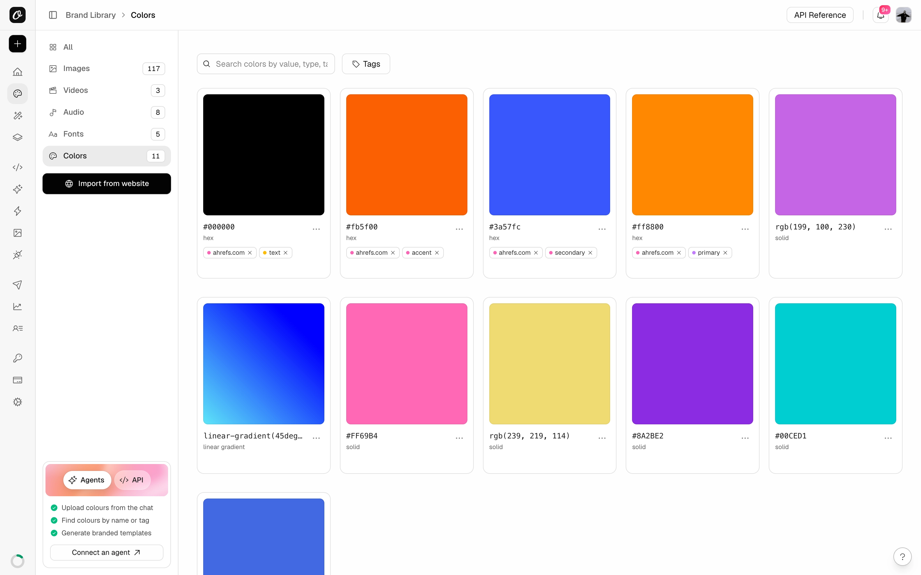 Brand colors in the library, each with its value, type and tags