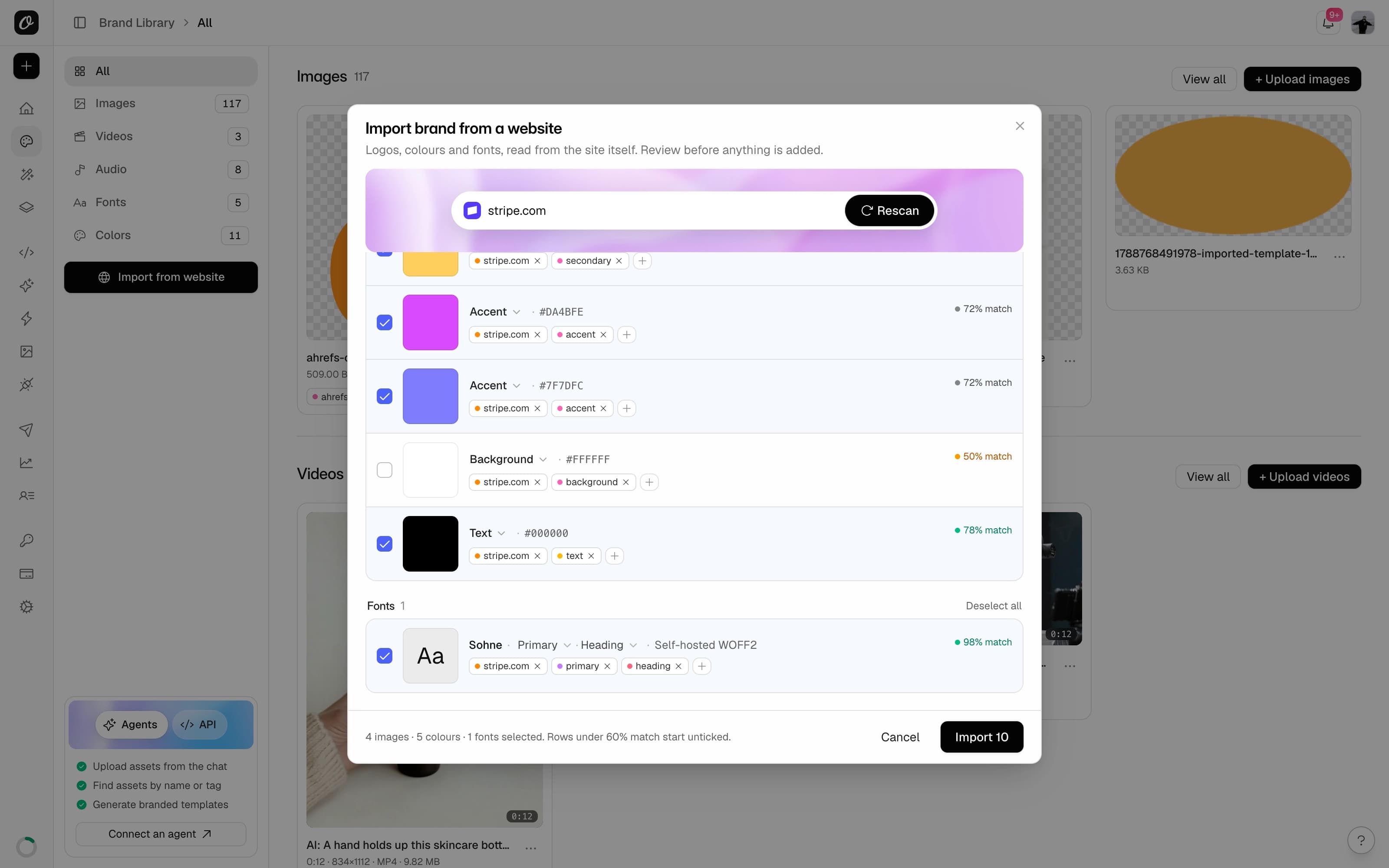 Scan results showing colors sorted by role and the font found on stripe.com, each with a match score