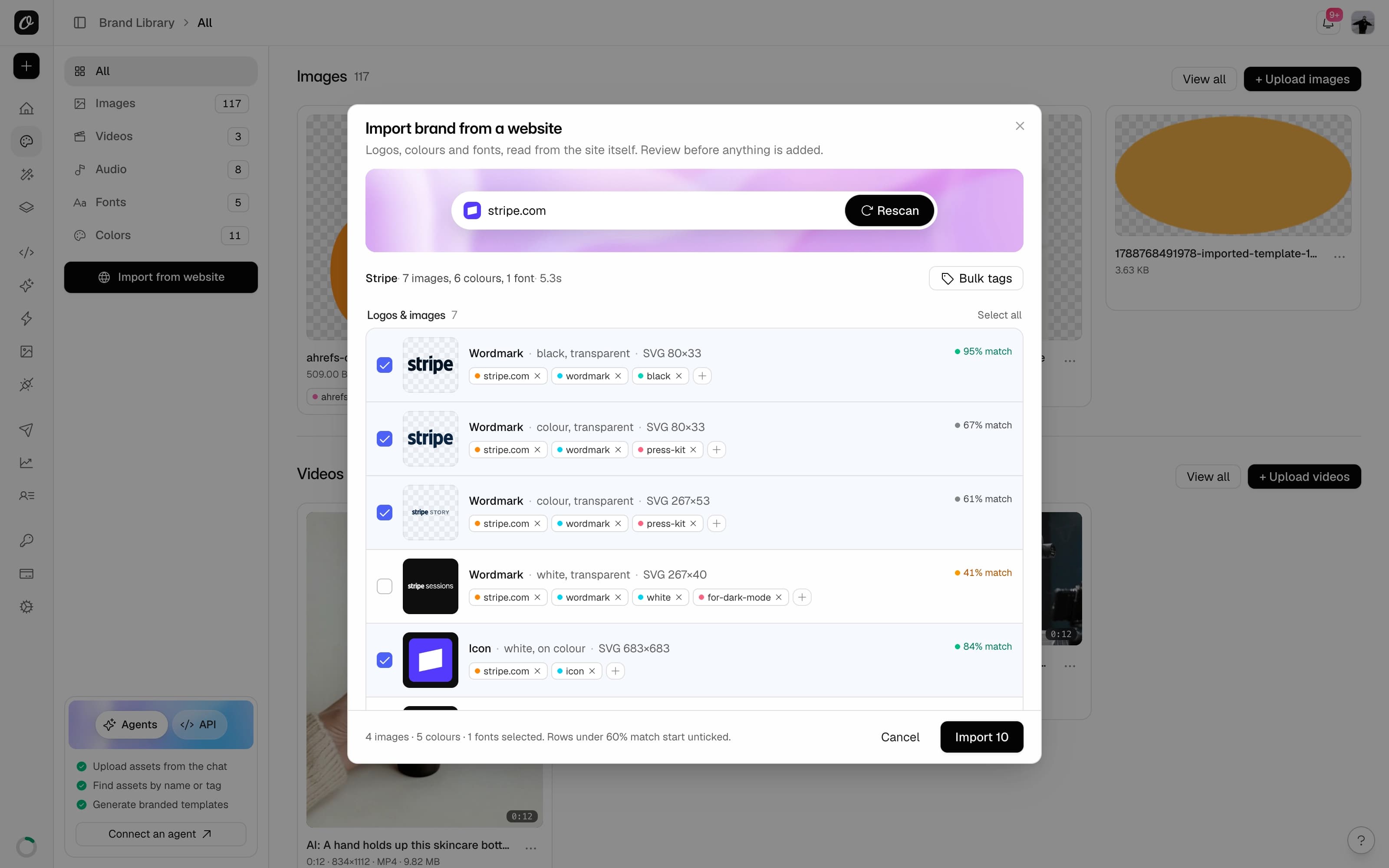 Import brand from a website dialog showing logos found on stripe.com, each with a match score