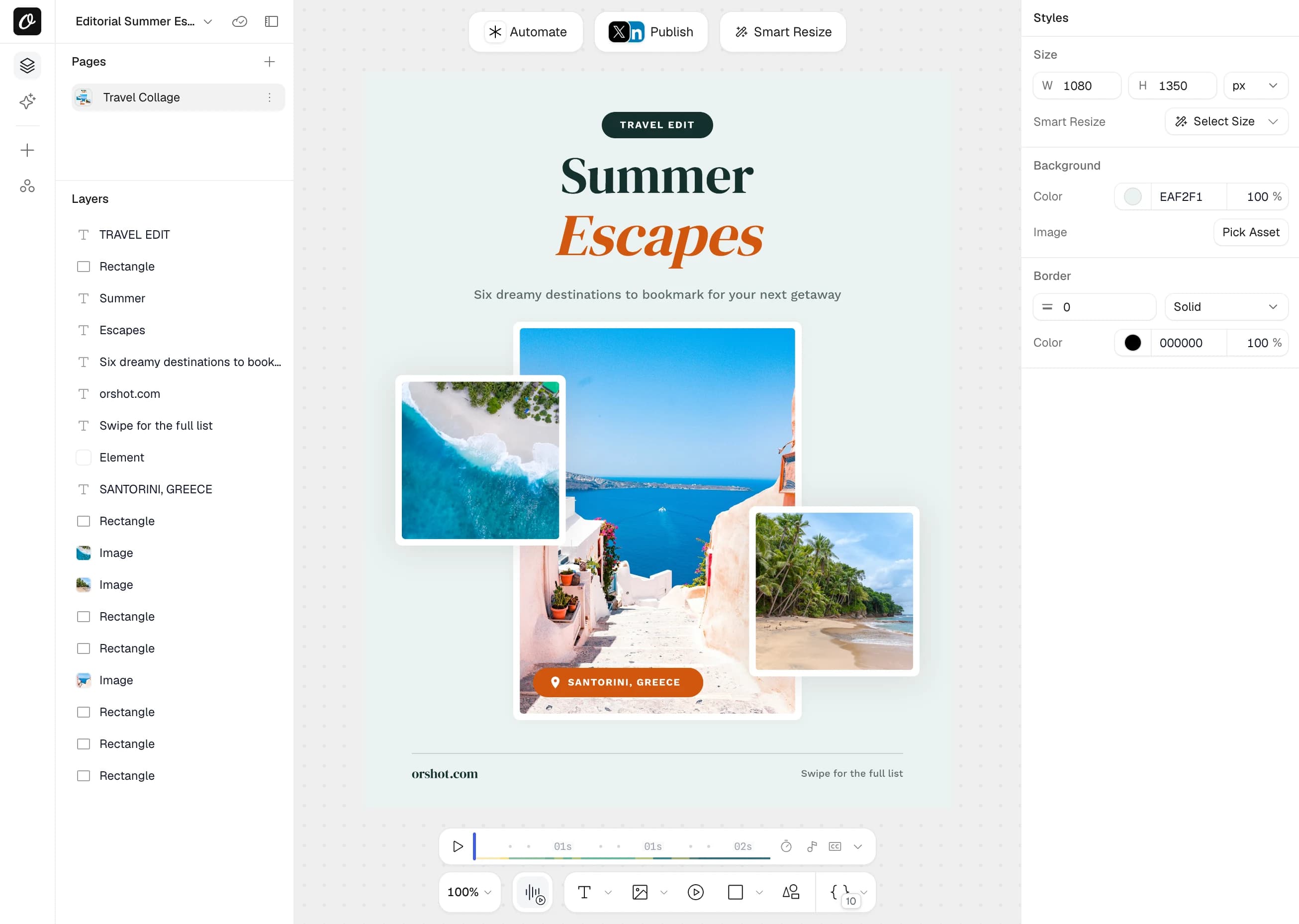 Orshot Studio editor with a travel collage template