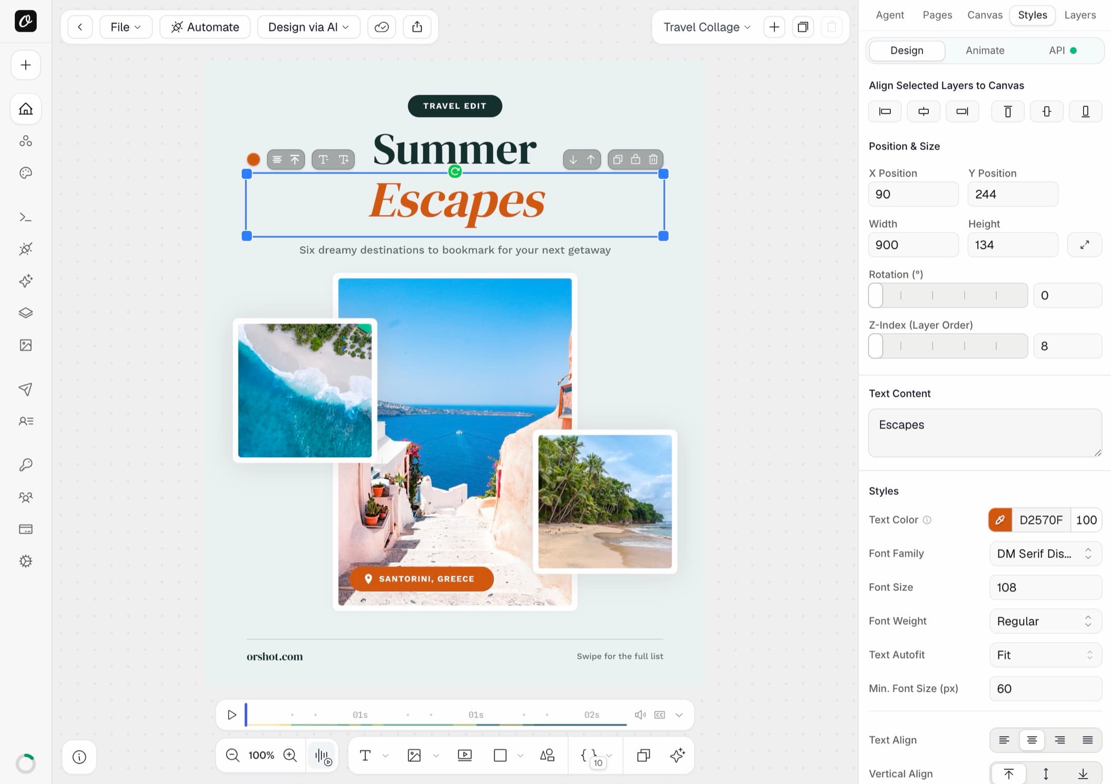 Orshot Studio editor with a travel collage template