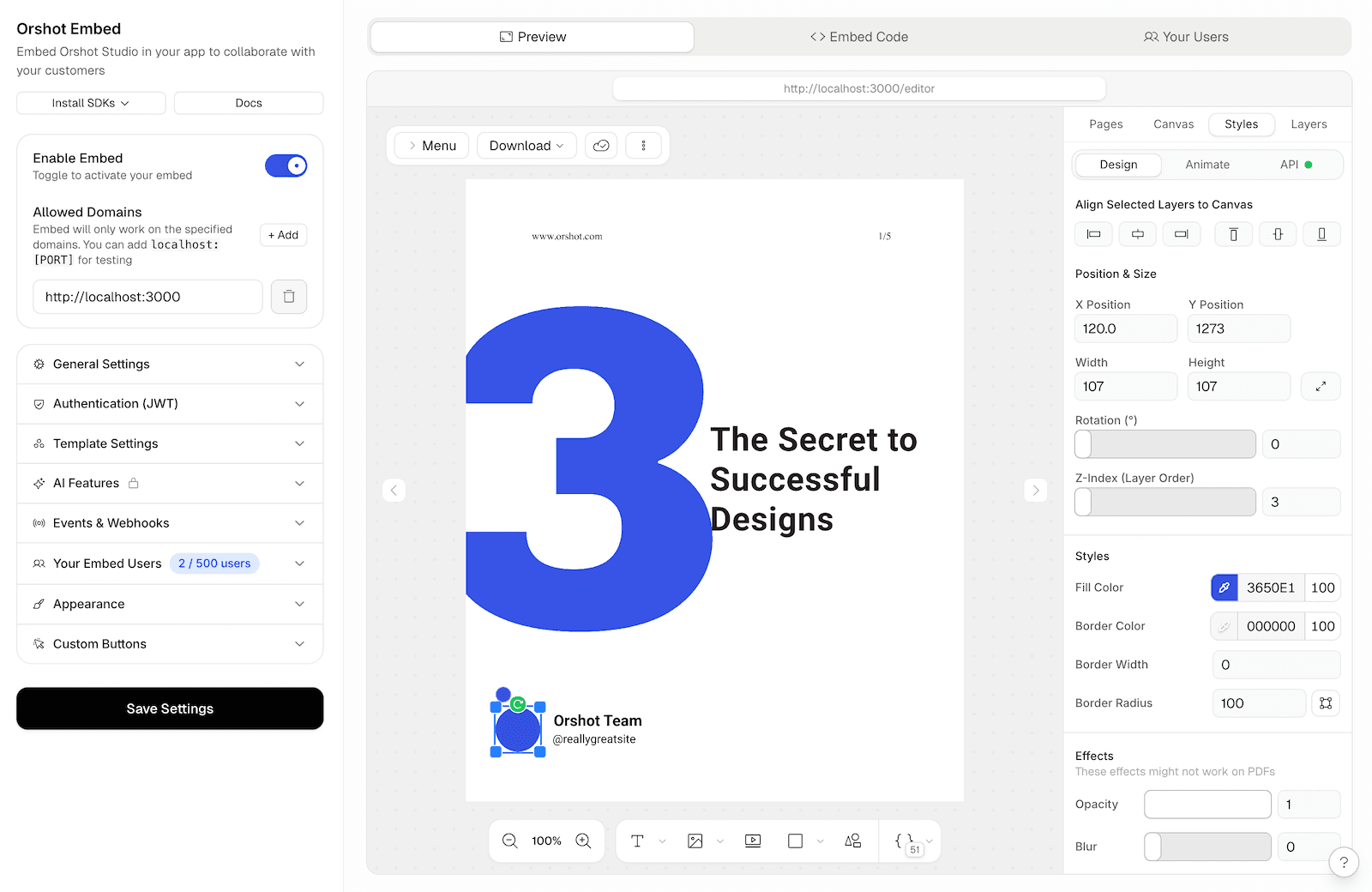 Orshot Embed — design editor for your app