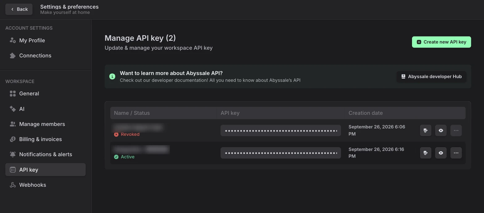 Abyssale workspace settings, API key page: the key list and the Create new API key button