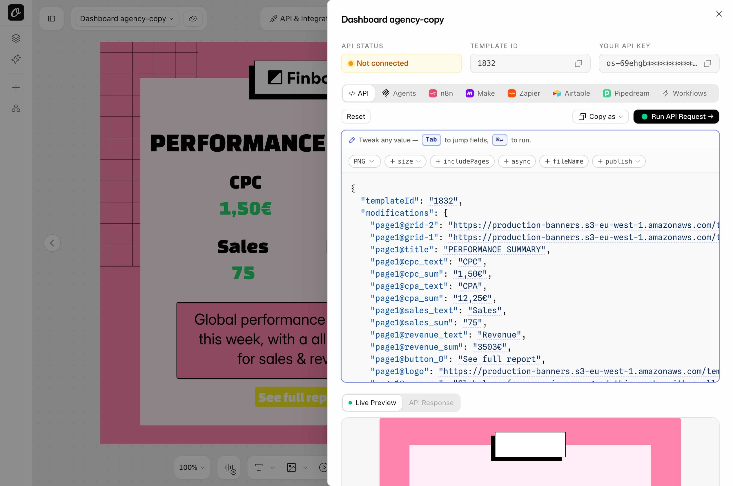 The API tab of the imported template, listing each Abyssale layer name as a parameter with a page prefix