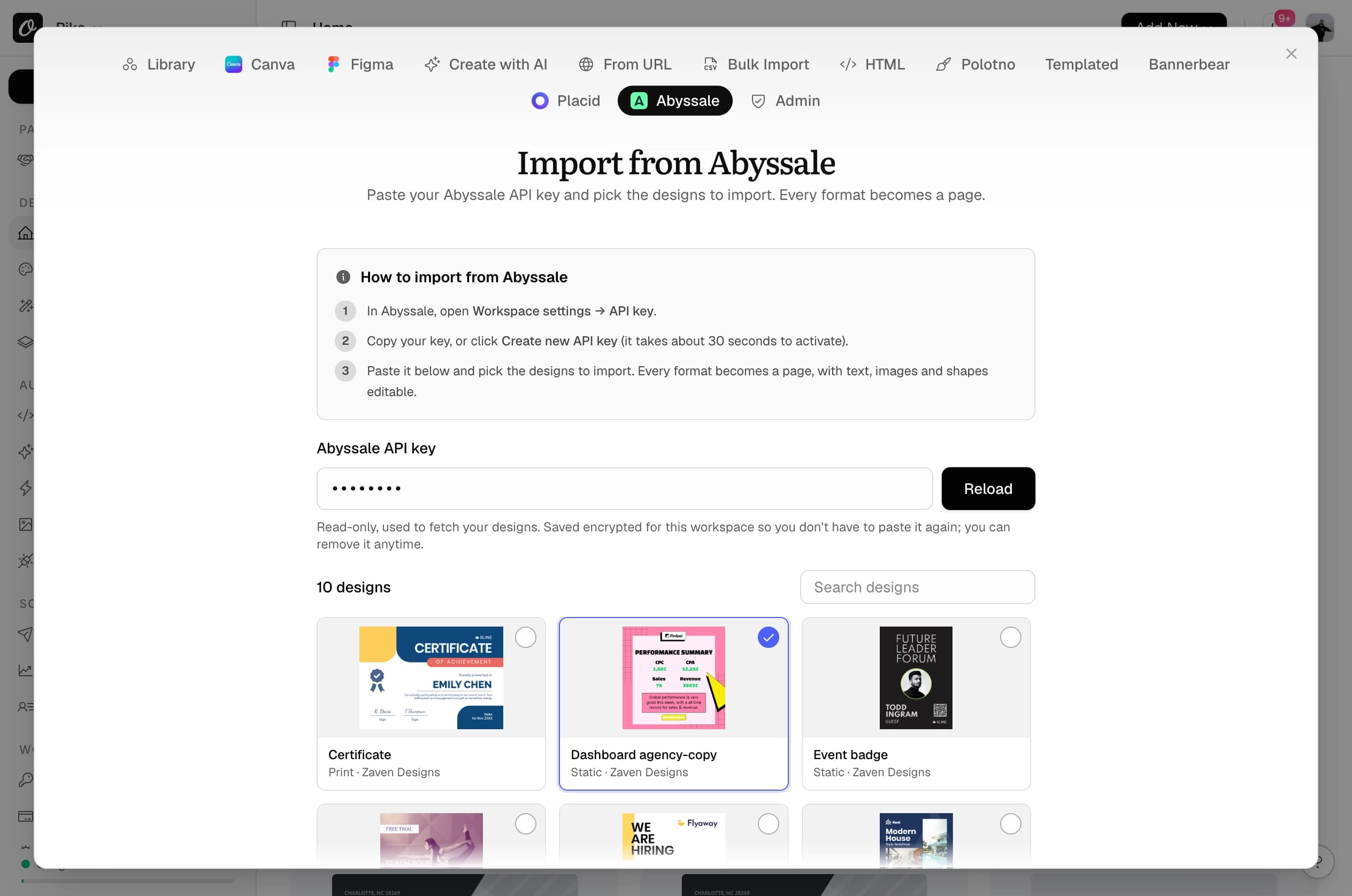 The Abyssale tab in Orshot listing the workspace's designs with previews, one selected