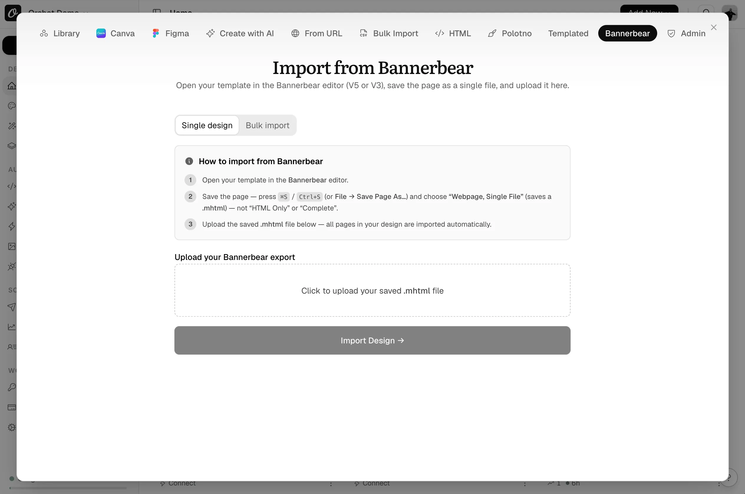 The Bannerbear tab in Orshot's New Template dialog