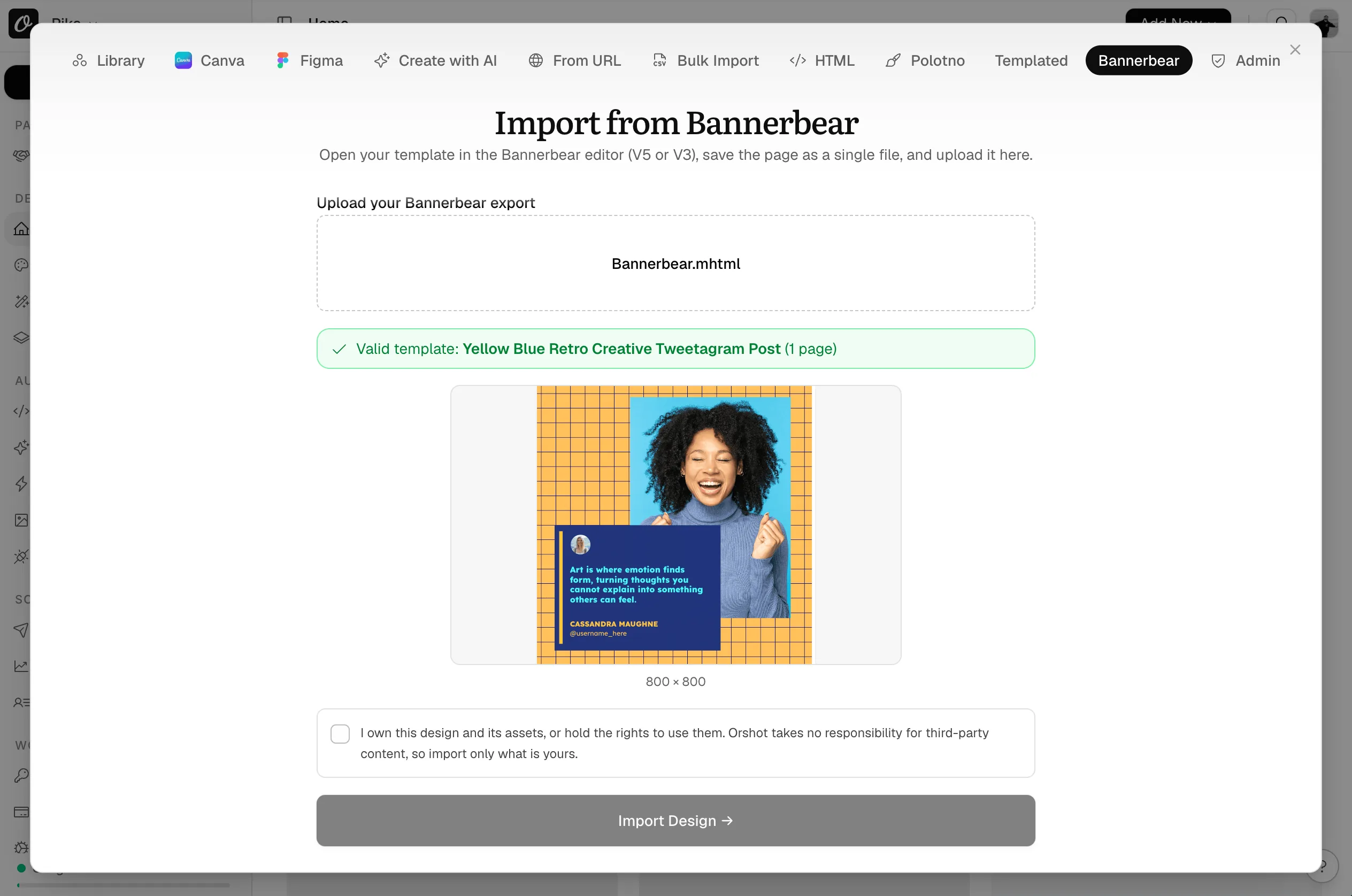 Orshot has read the file and shows a preview of the design, its name and size, the ownership checkbox and the Import button