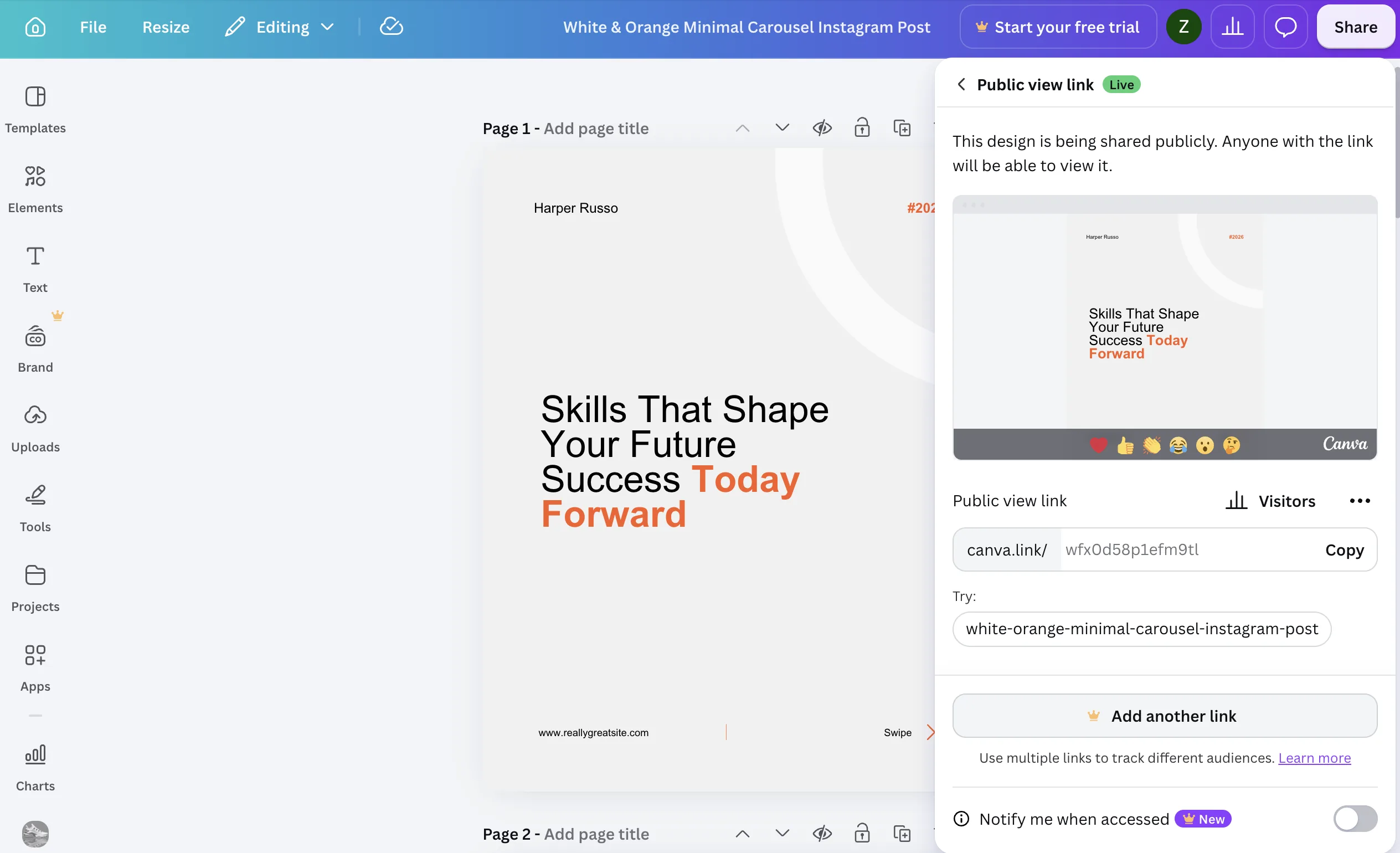 The Public view link panel in Canva showing the canva.link address with a Copy button