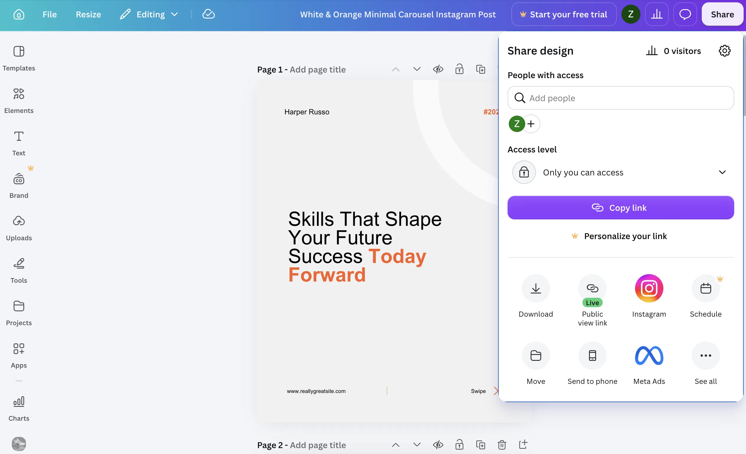 A six-page carousel open in Canva with the Share panel open and Public view link marked Live