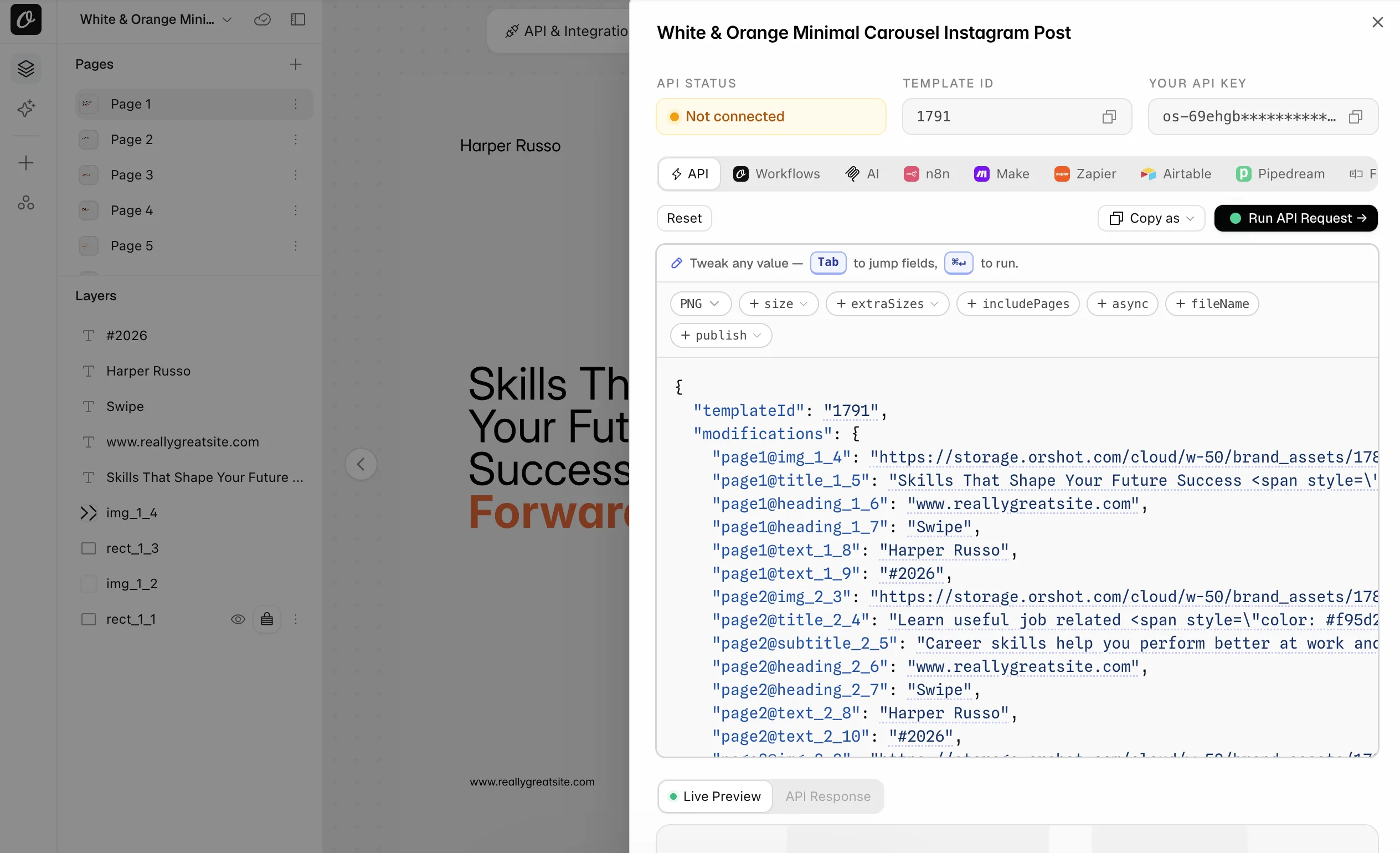 The API tab of the imported carousel in Orshot, with page-prefixed parameters in a ready request